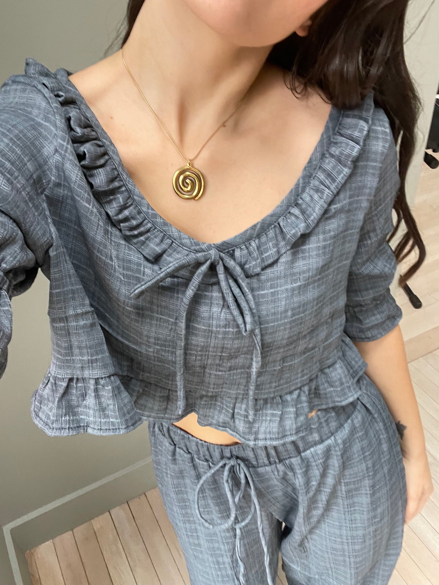 Blue plaid peasant top
