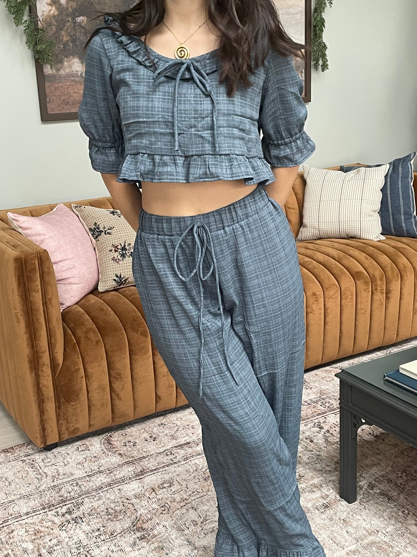 Blue plaid peasant top