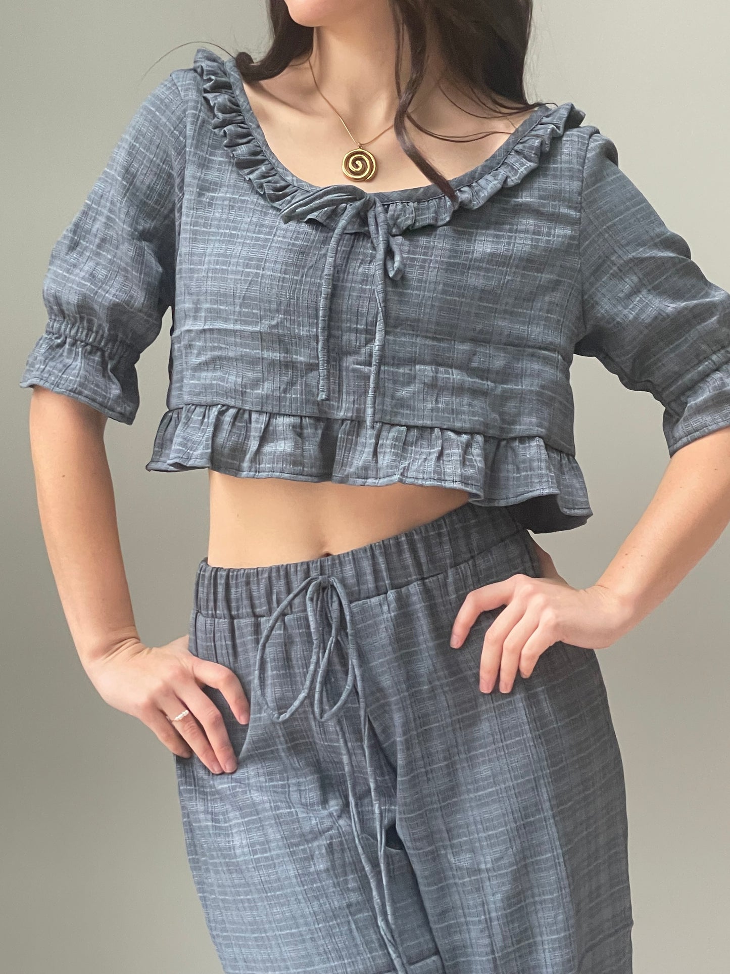 Blue plaid peasant top