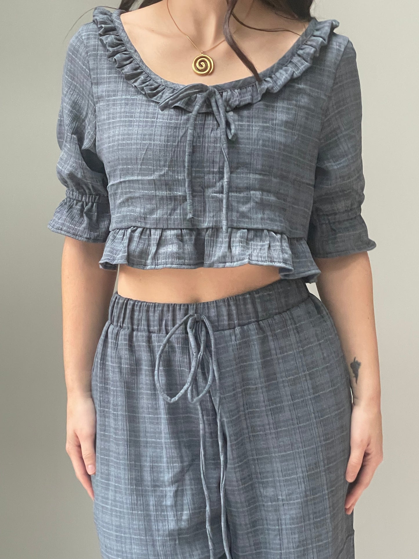 Blue plaid peasant top