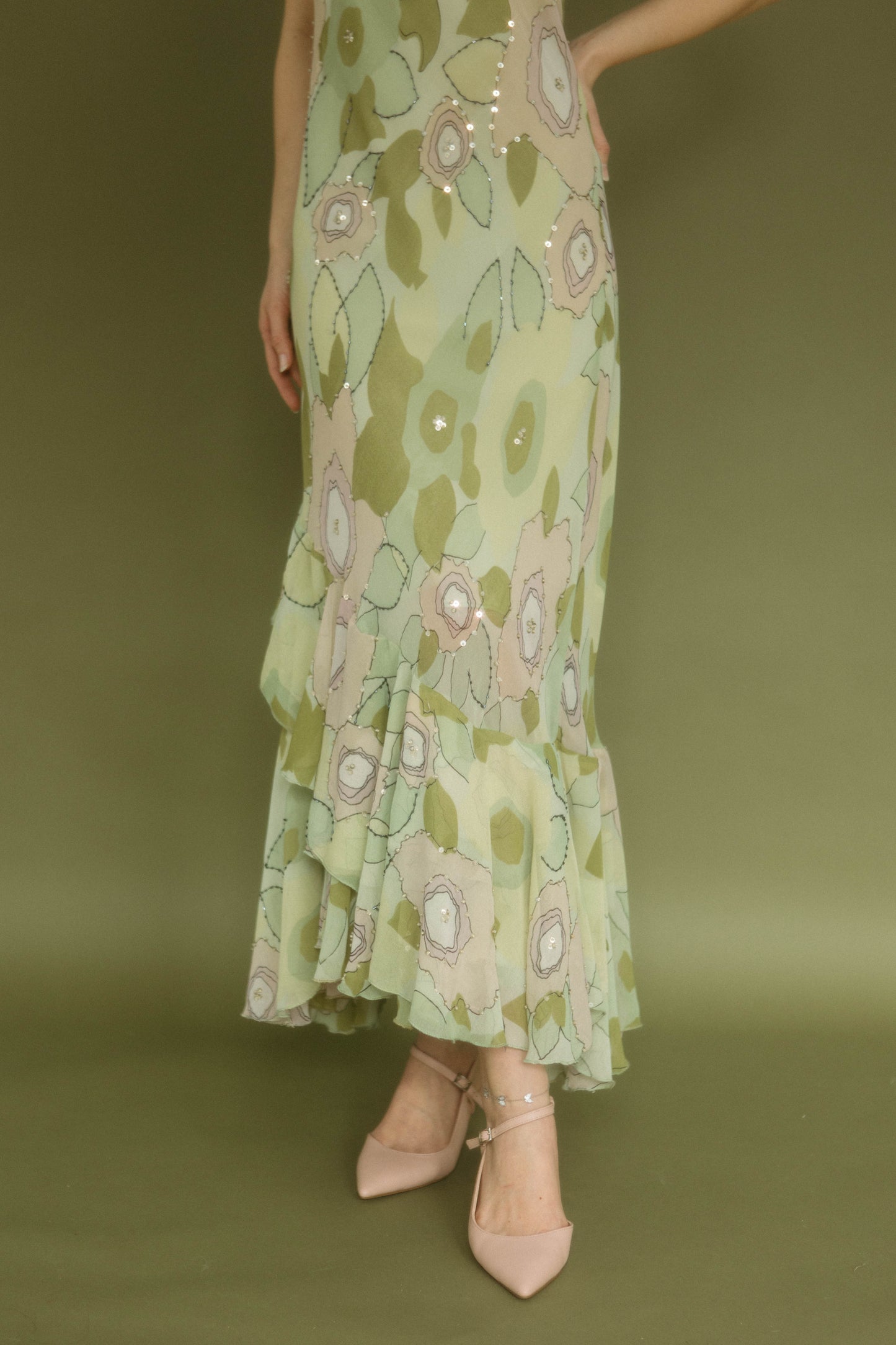 Vintage green floral silk maxi dress with beading