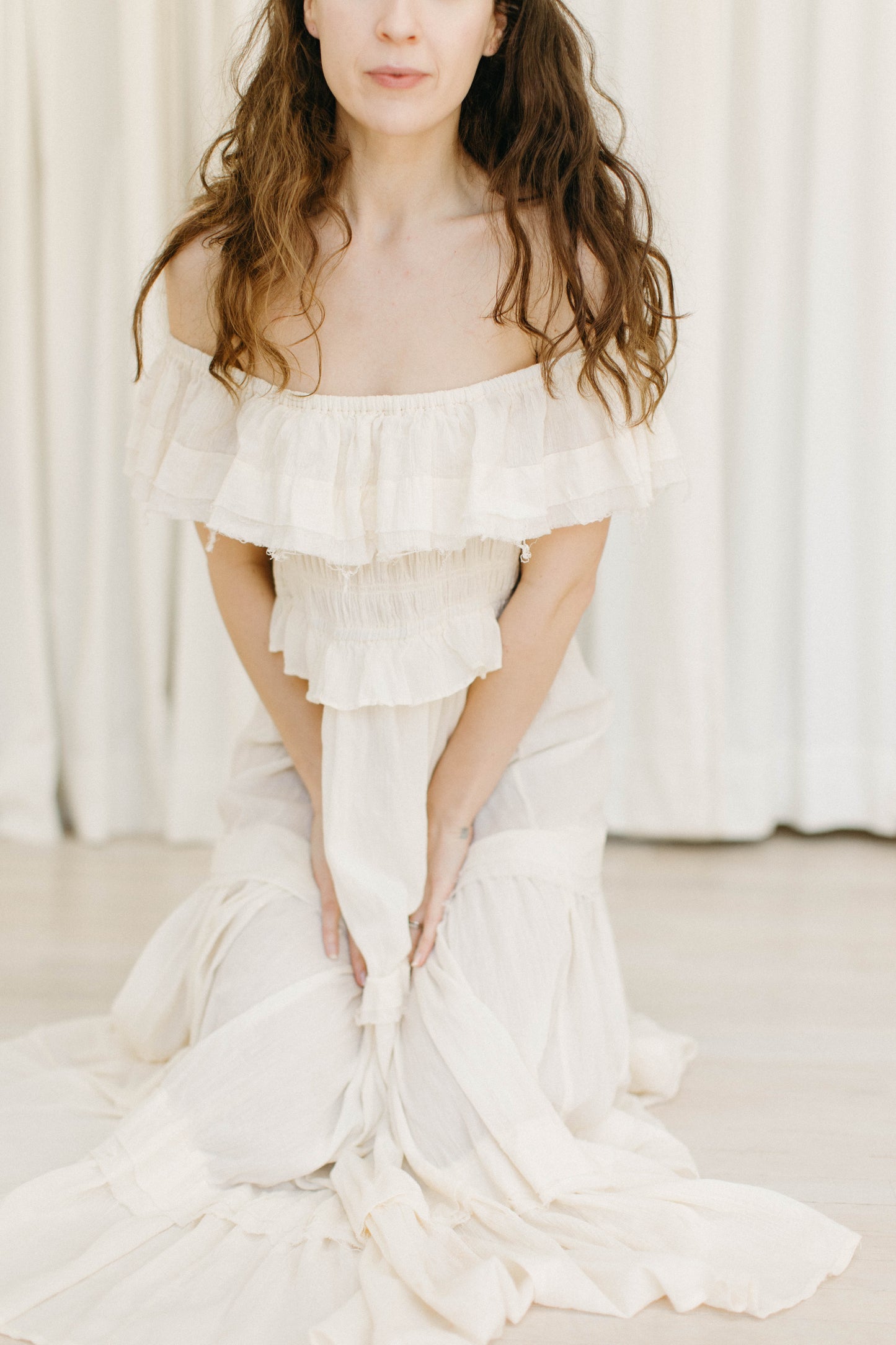 Cream off the shoulder ruffle dress
