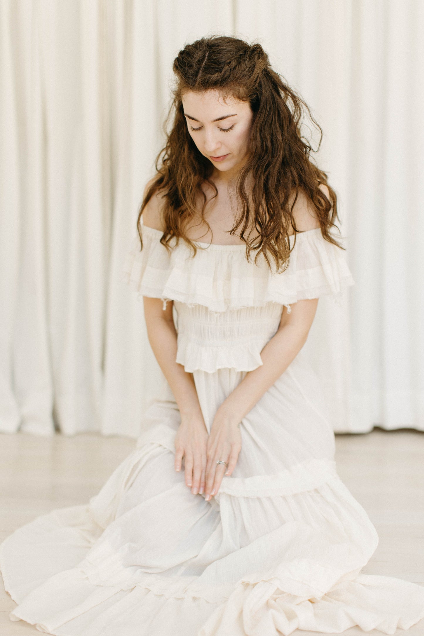 Cream off the shoulder ruffle dress