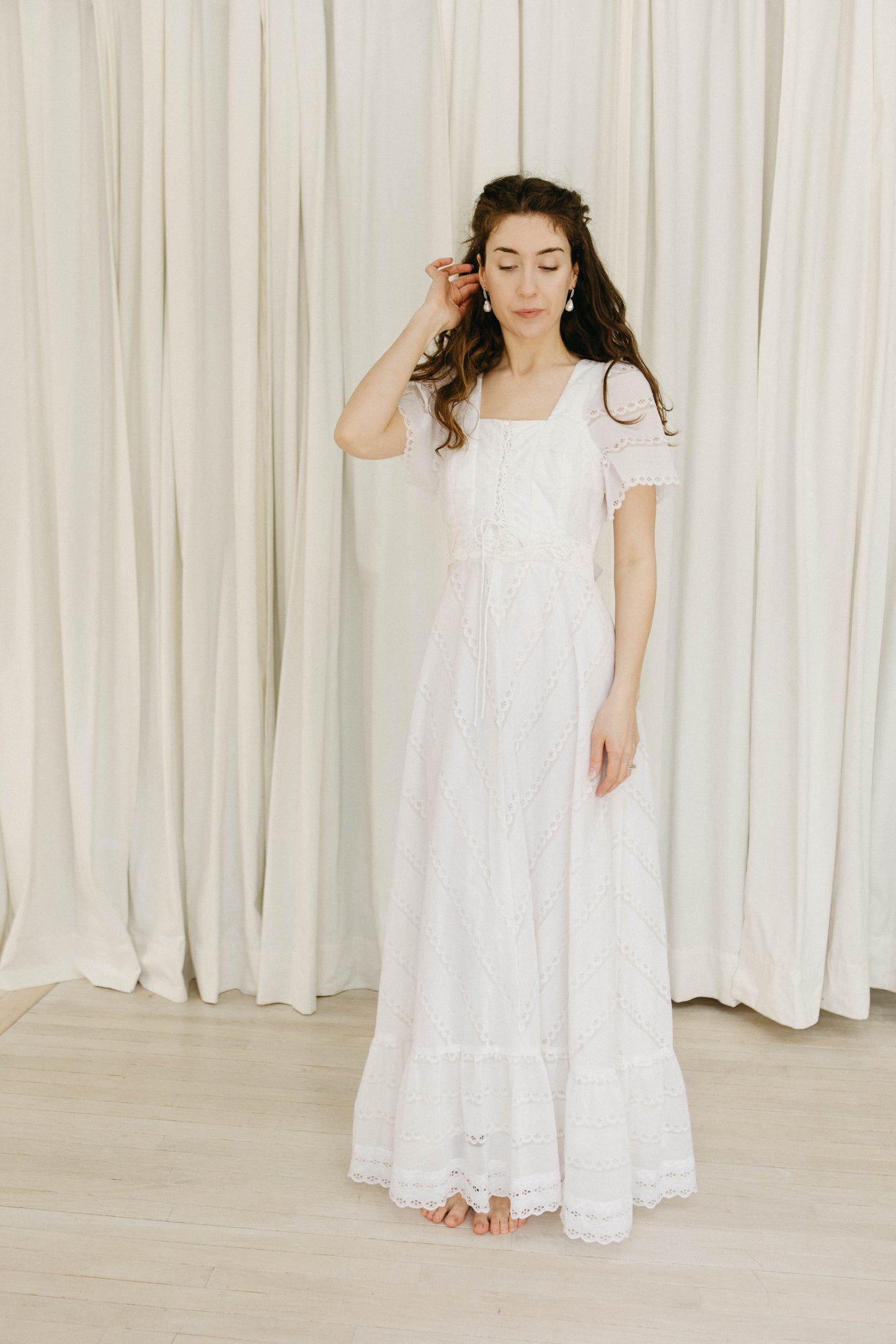 Vintage 70s lace circle skirt dress with lace up bodice