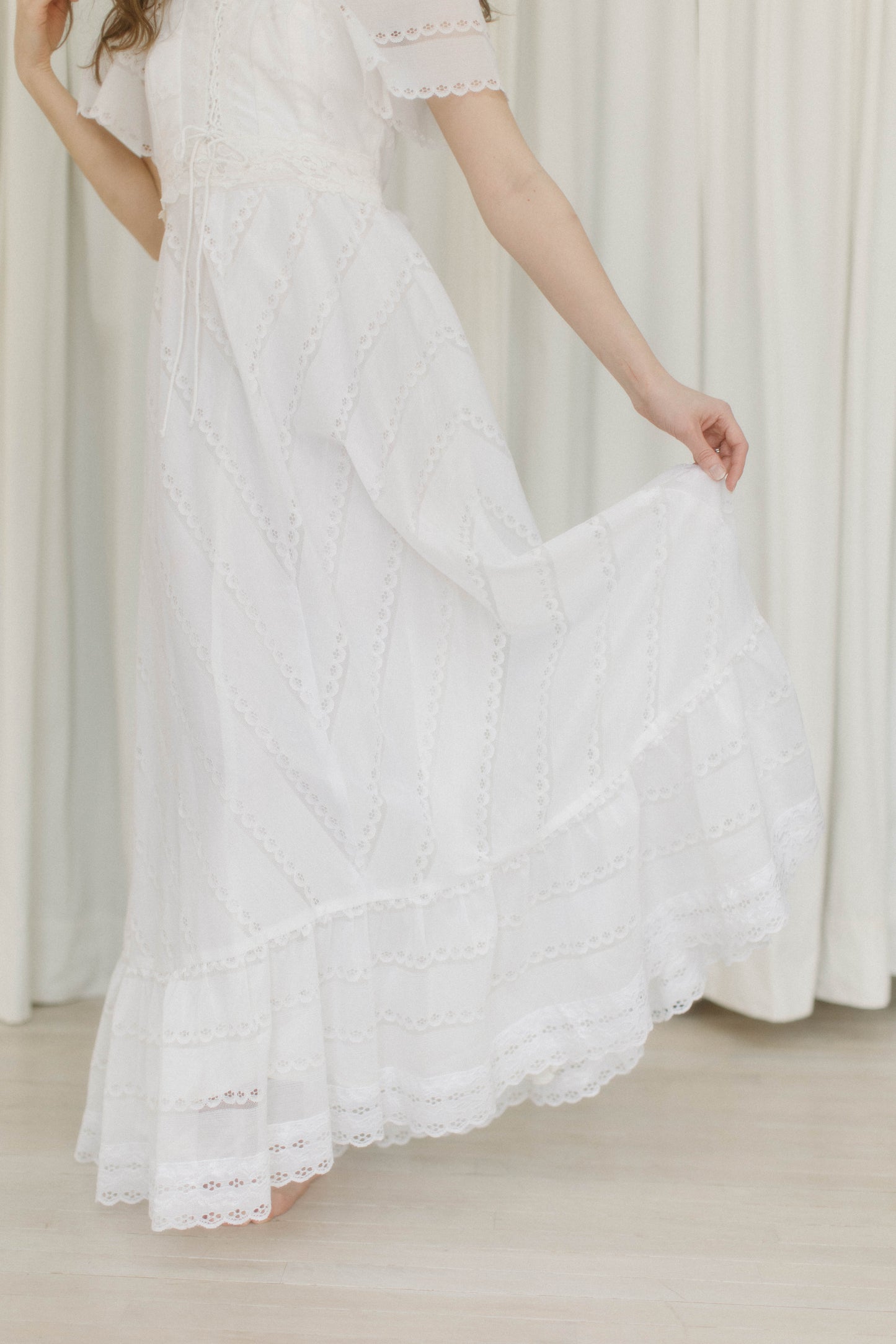 Vintage 70s lace circle skirt dress with lace up bodice