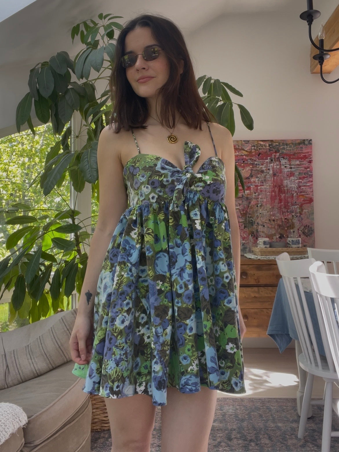 Green floral baby doll dress