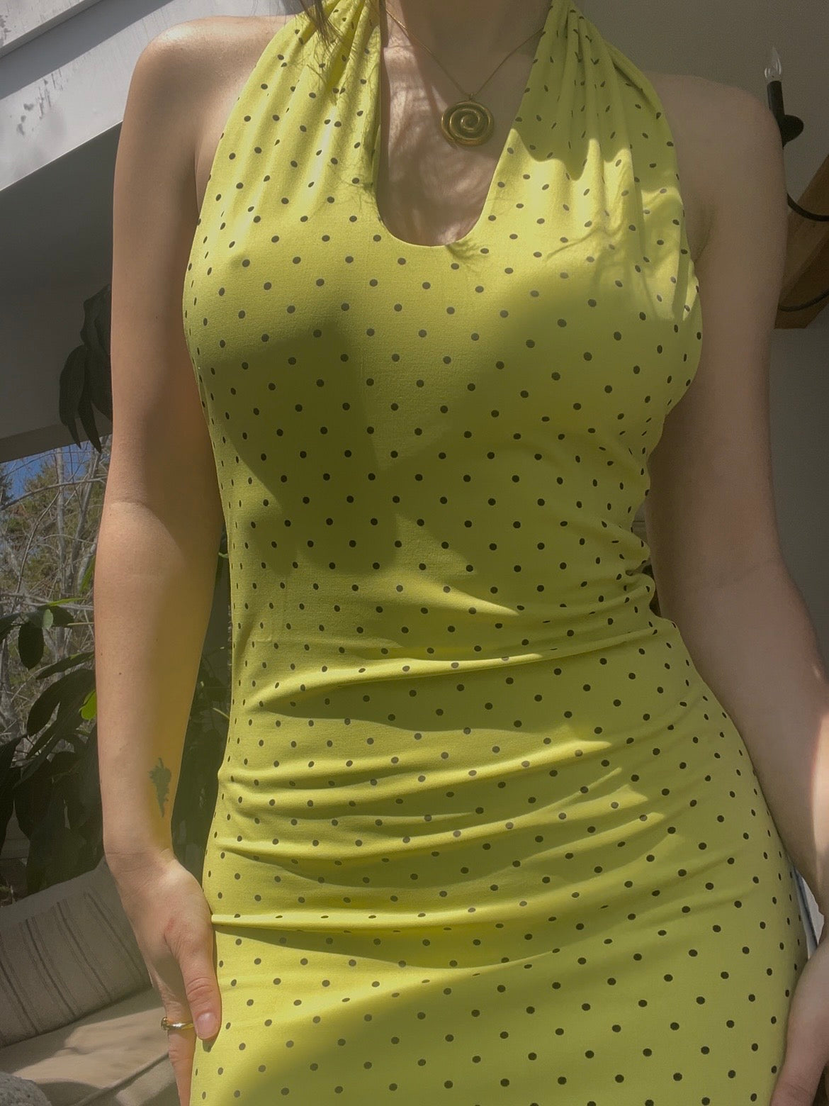 Chartreuse polka dot midi dress
