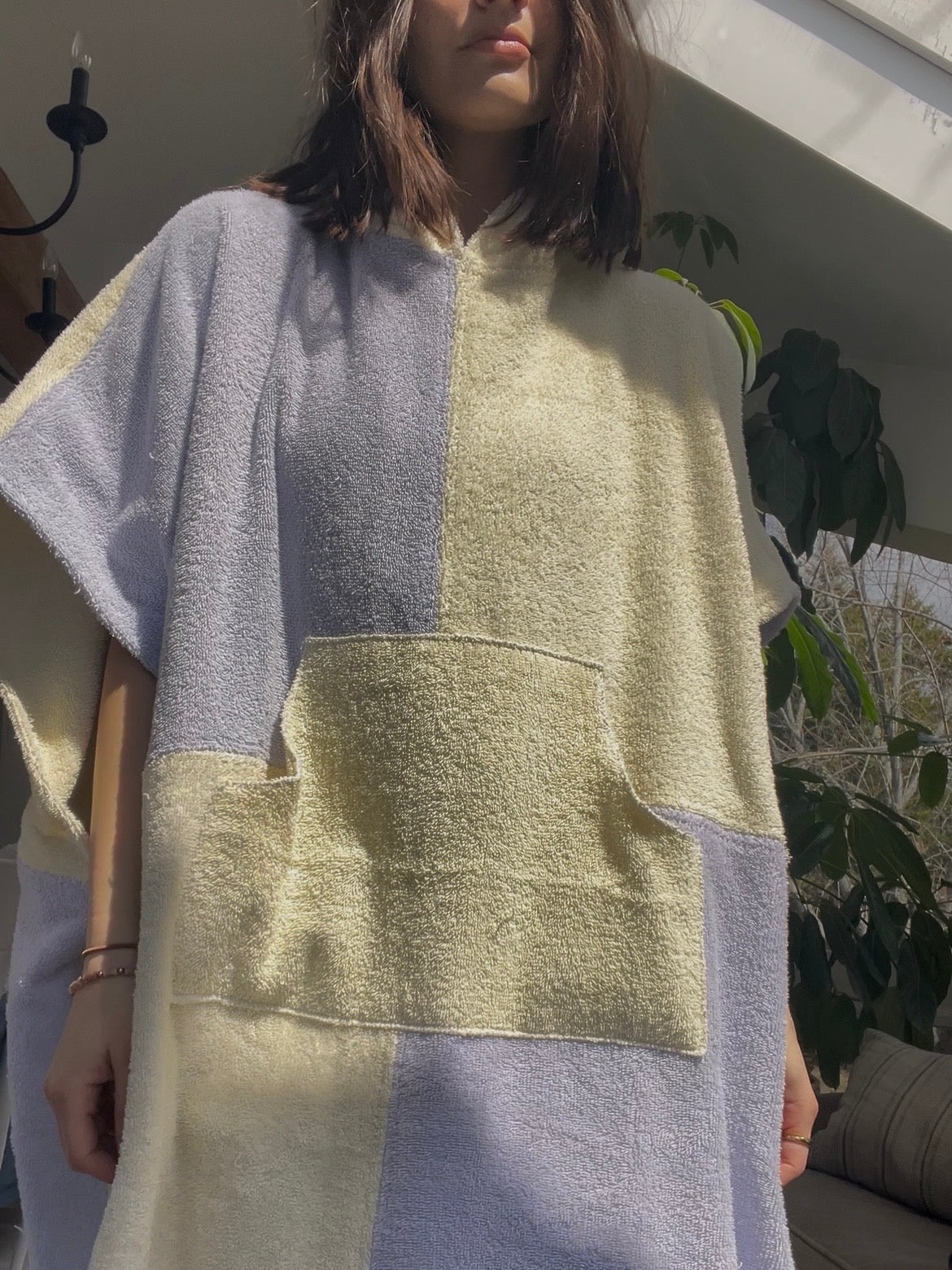 Towel poncho - Yellow/purple check