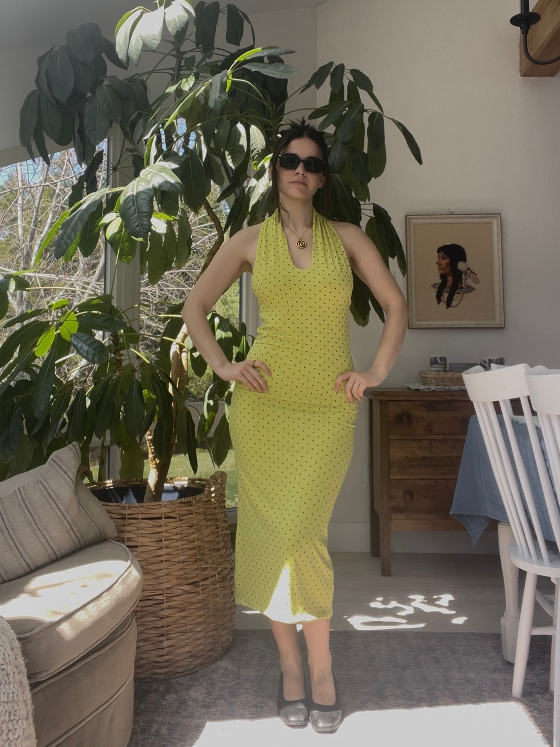 Chartreuse polka dot midi dress