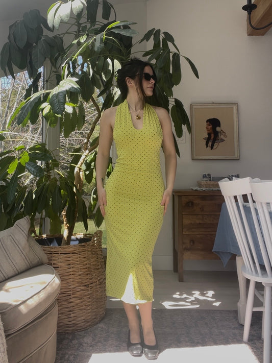 Chartreuse polka dot midi dress