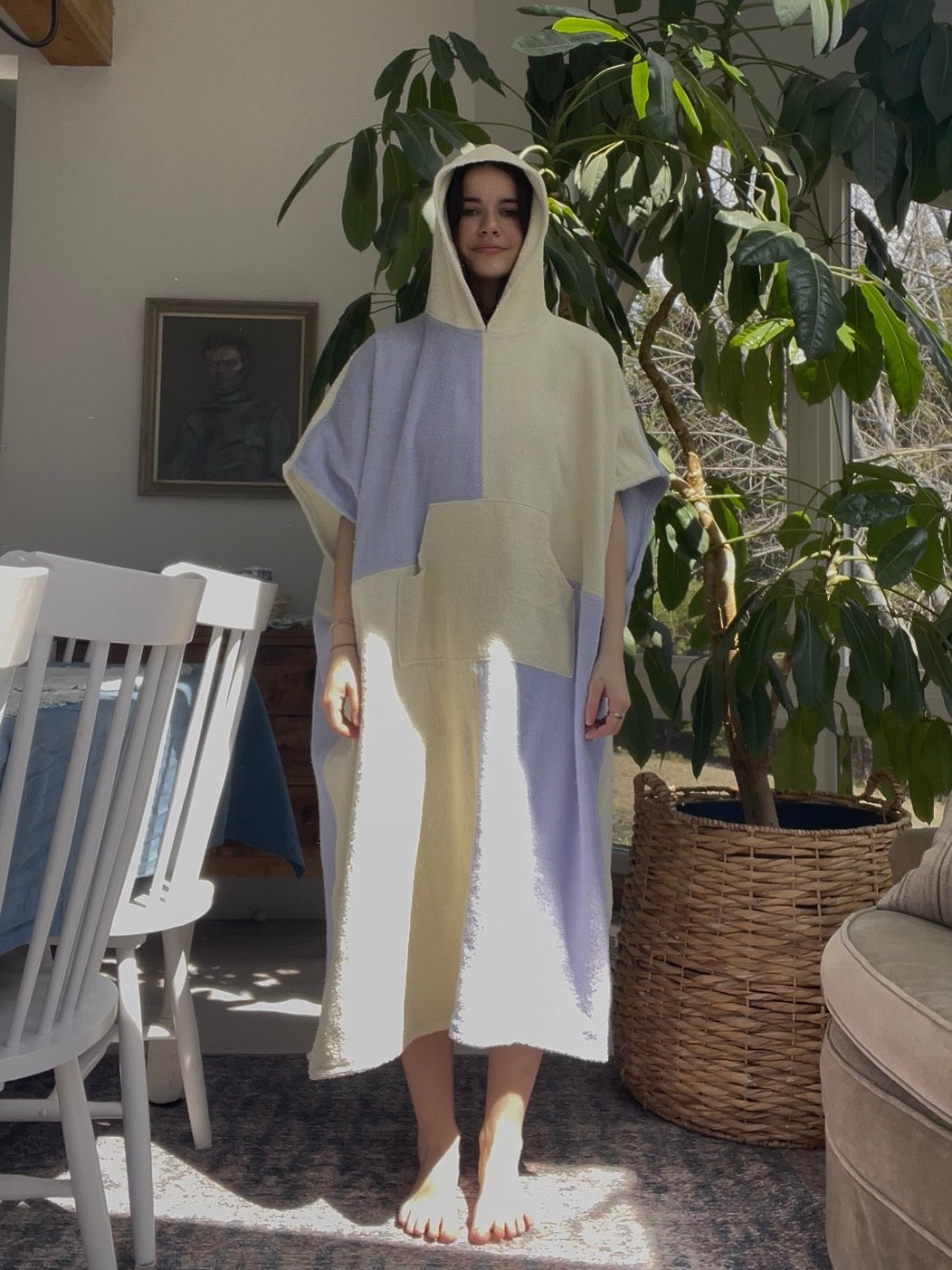 Towel poncho - Yellow/purple check
