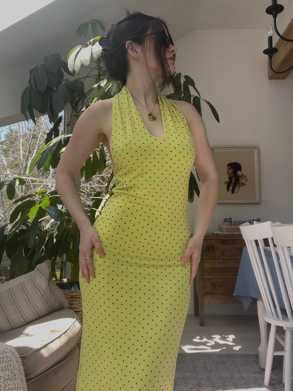Chartreuse polka dot midi dress