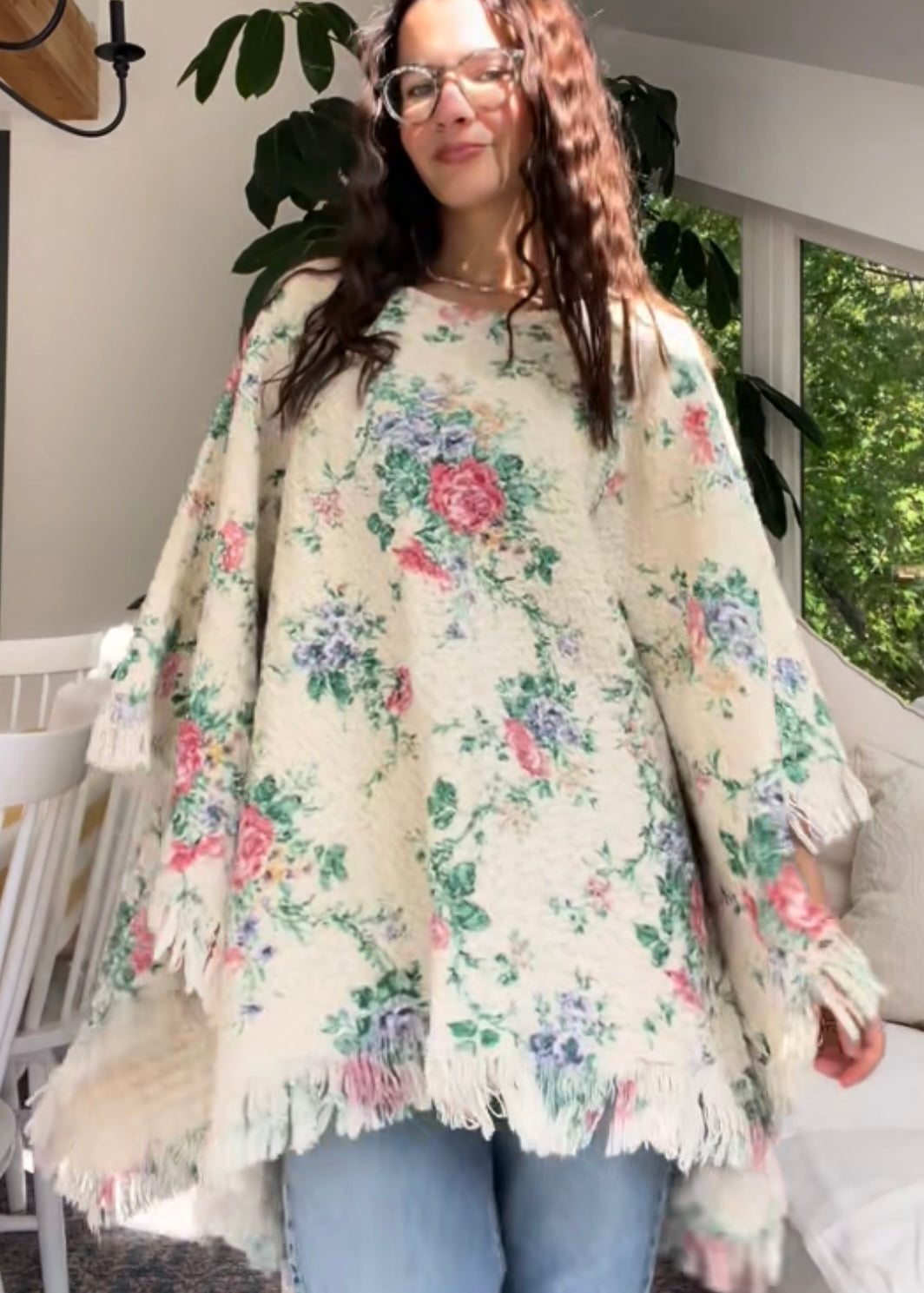 Floral blanket poncho