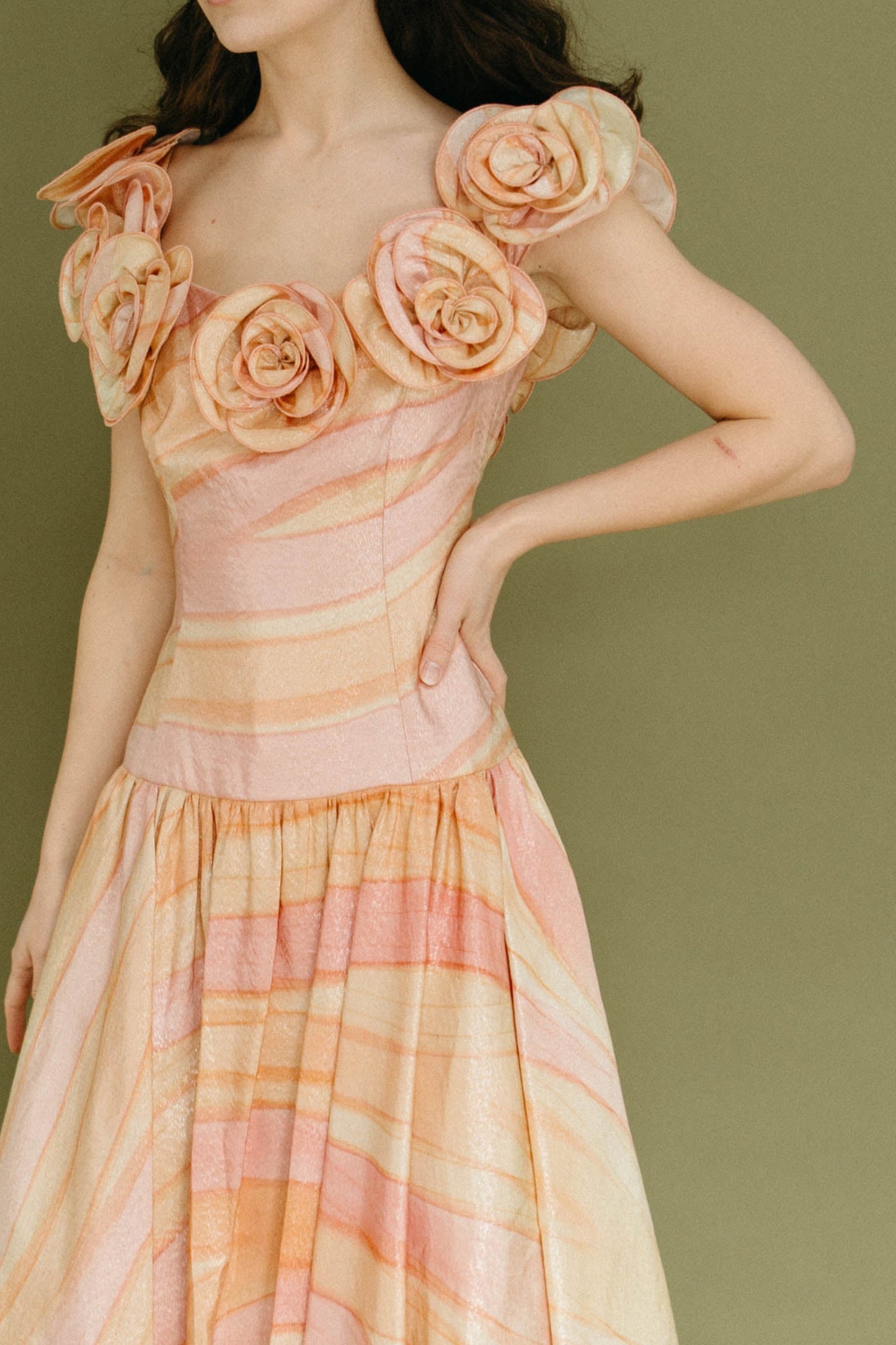 Vintage peach drop-waist midi dress with rosettes