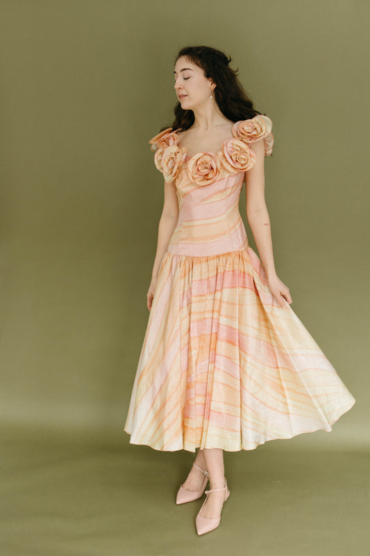 Vintage peach drop-waist midi dress with rosettes