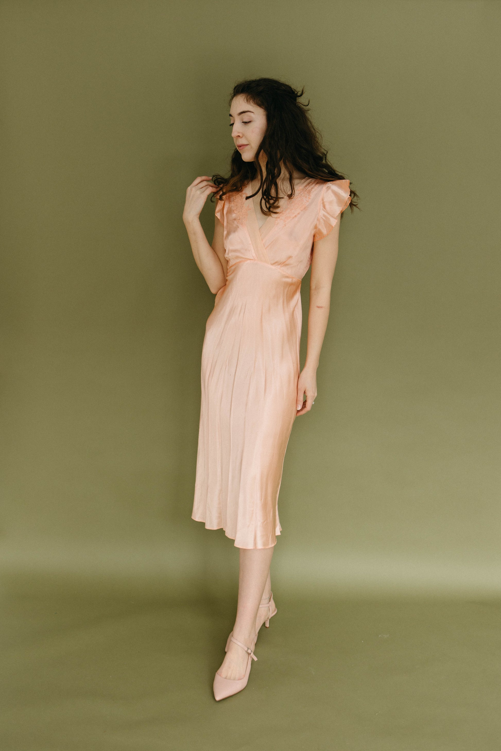 vintage midi slip dress Green Silk Slip Dress | Backless Midi, 90s Vintage Style