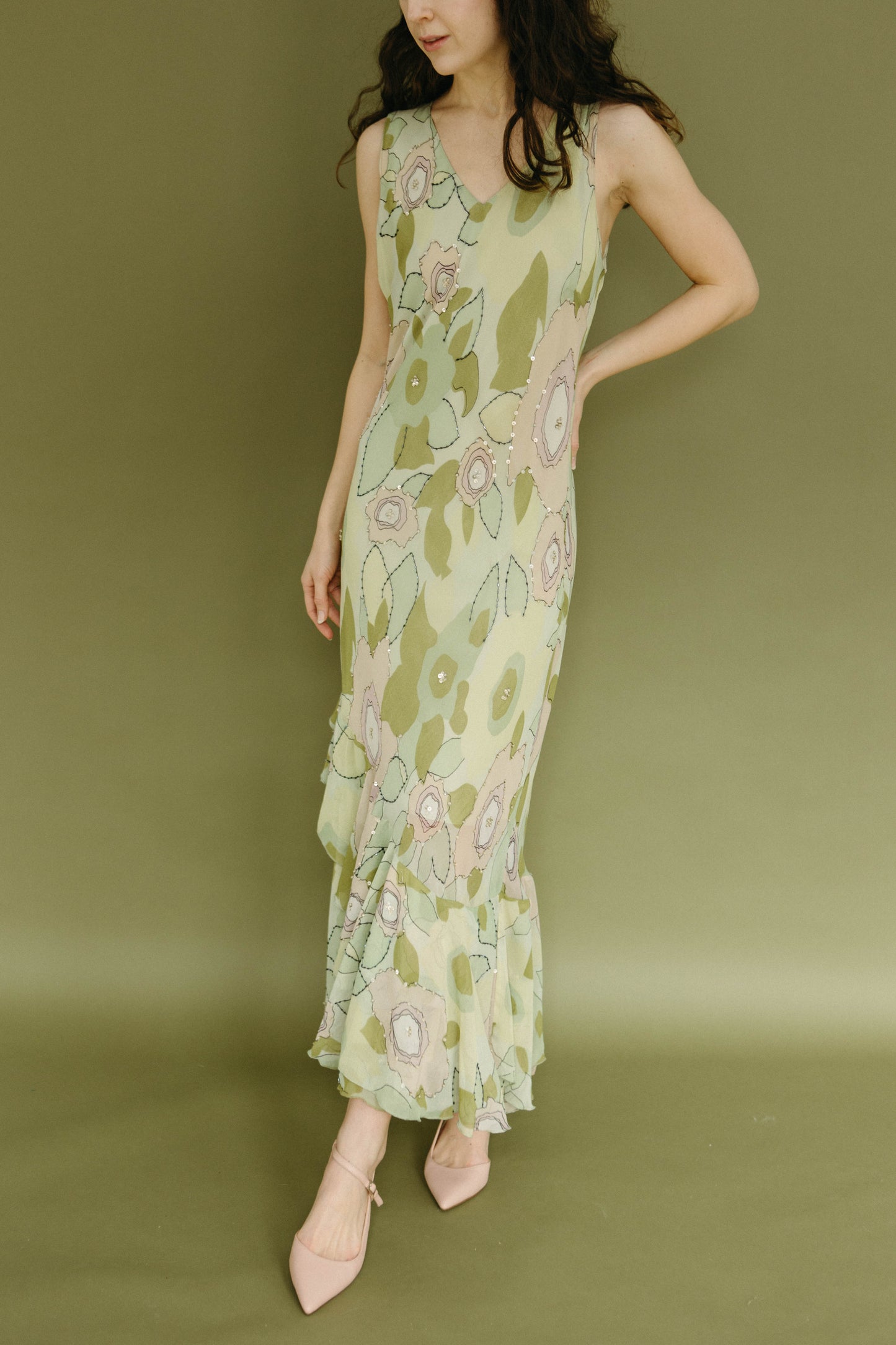 Vintage green floral silk maxi dress with beading