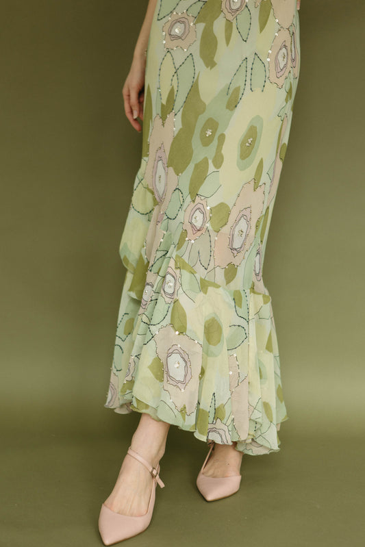 Vintage green floral silk maxi dress with beading