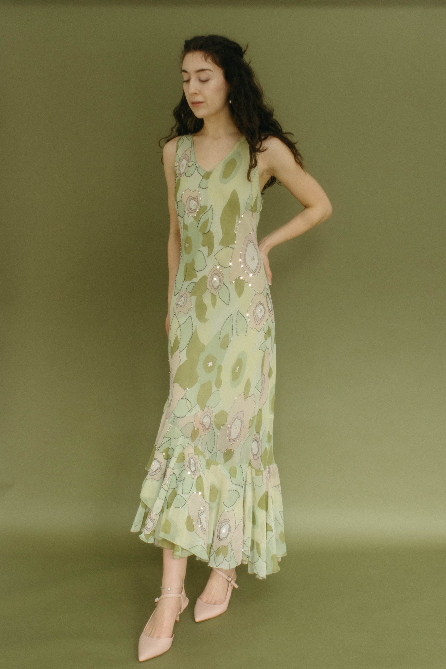 Vintage green floral silk maxi dress with beading