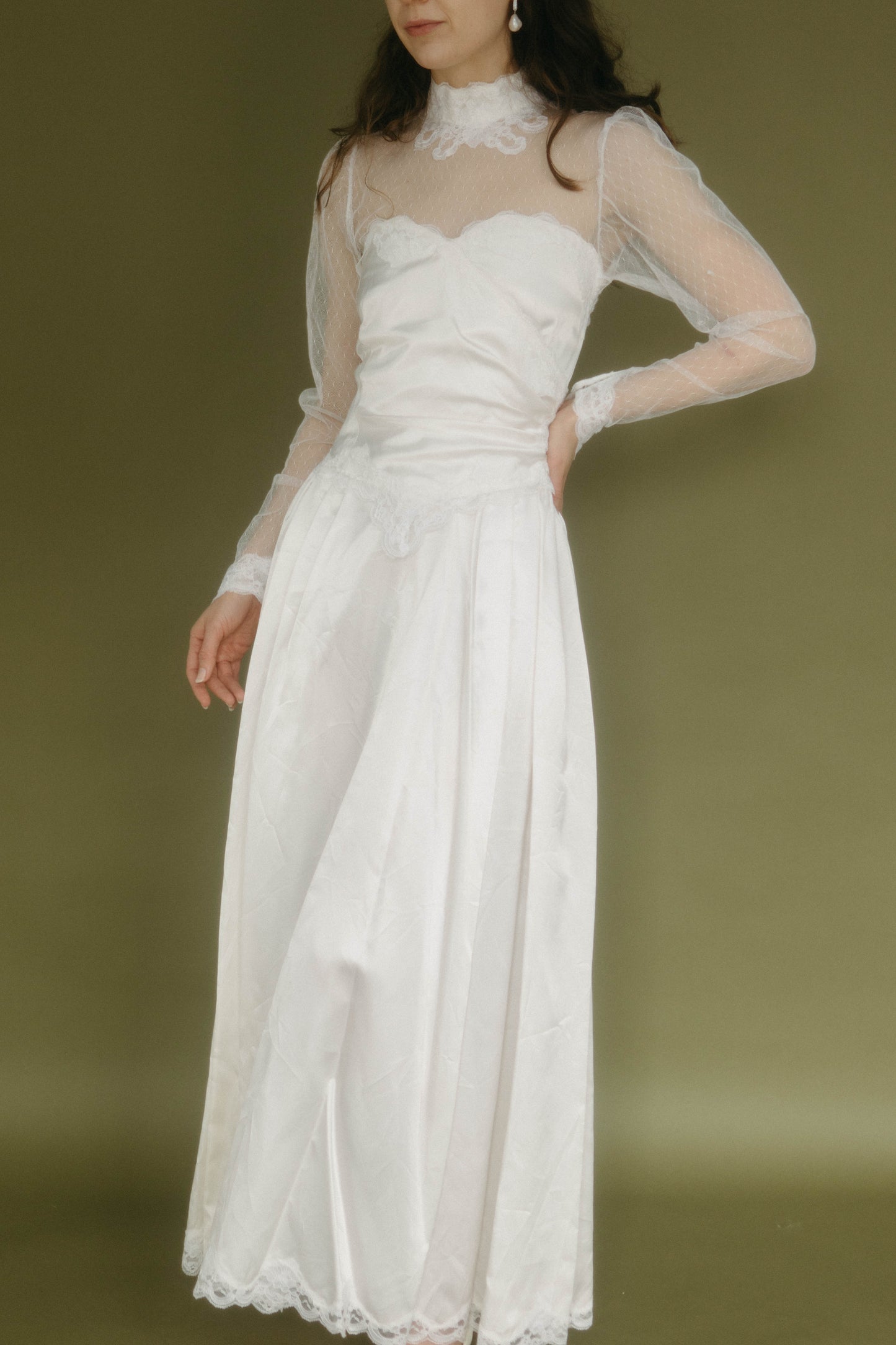 Vintage 80s basque waist long sleeve wedding gown