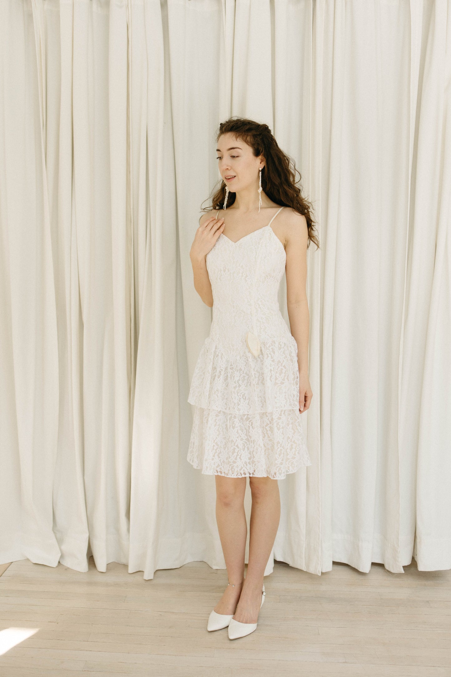 Vintage 80s white lace basque waist ruffle midi