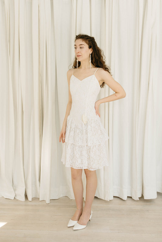 Vintage 80s white lace basque waist ruffle midi