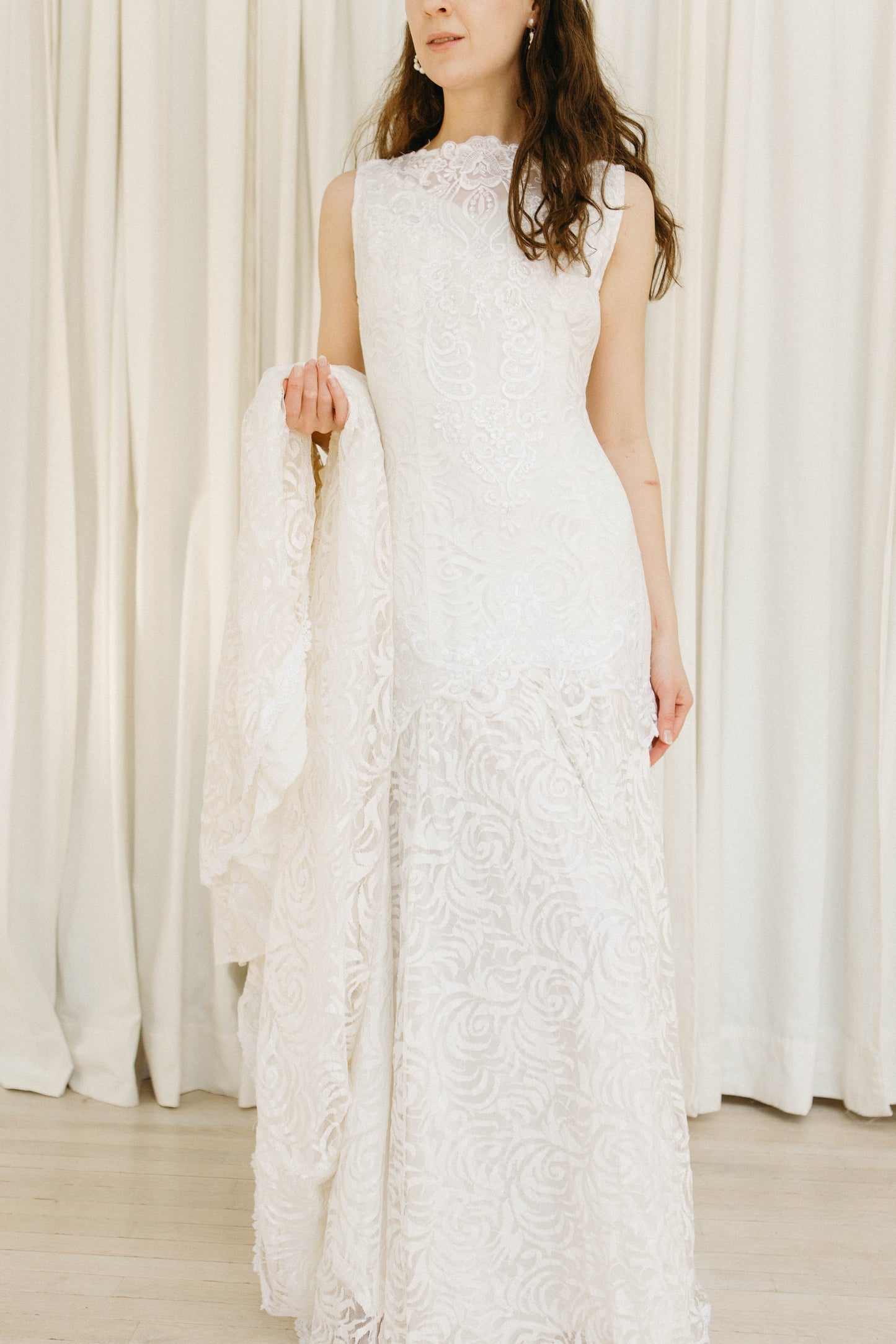 Vintage 80s drop waist lace wedding gown with train