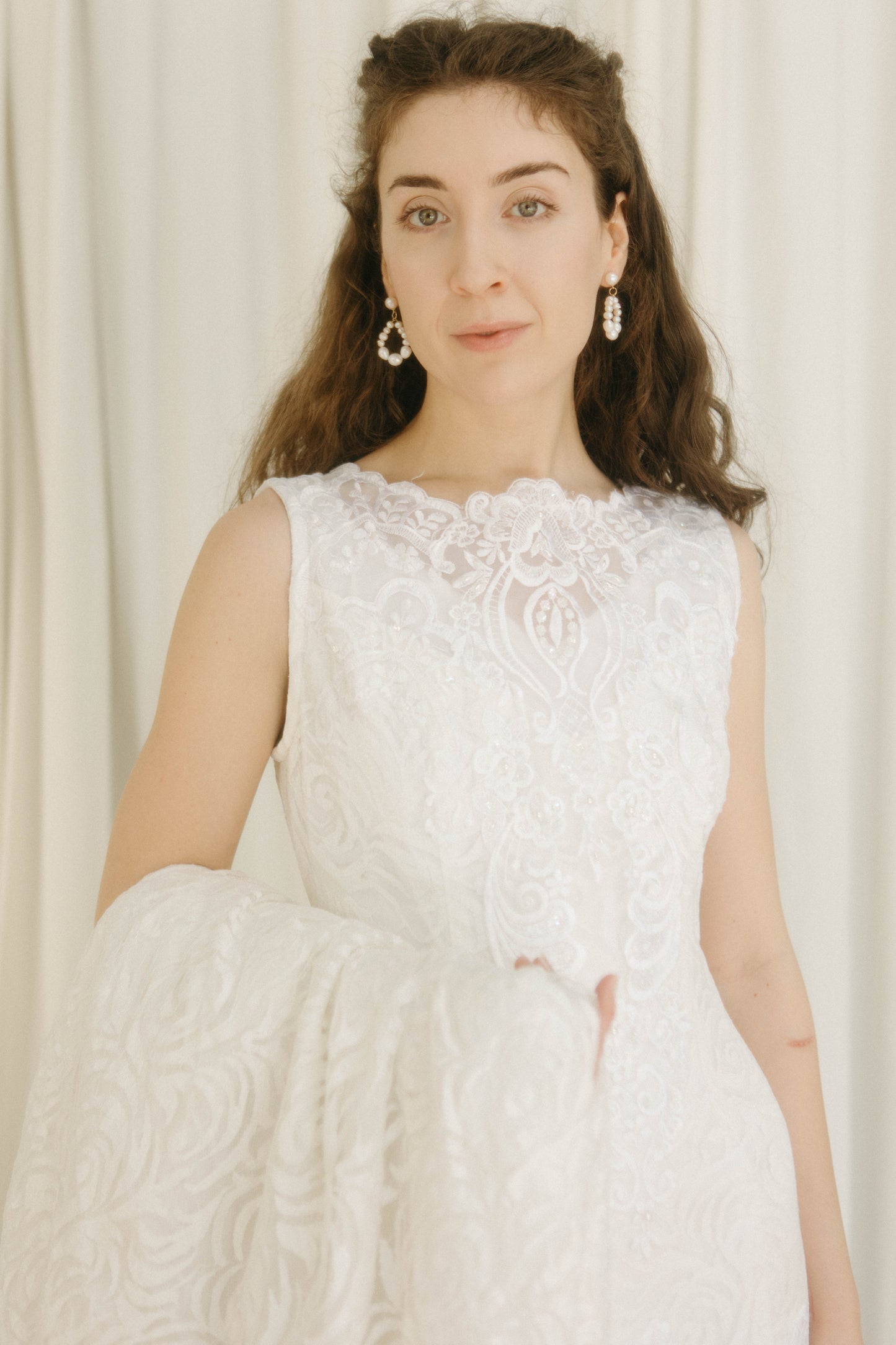 Vintage 80s drop waist lace wedding gown with train