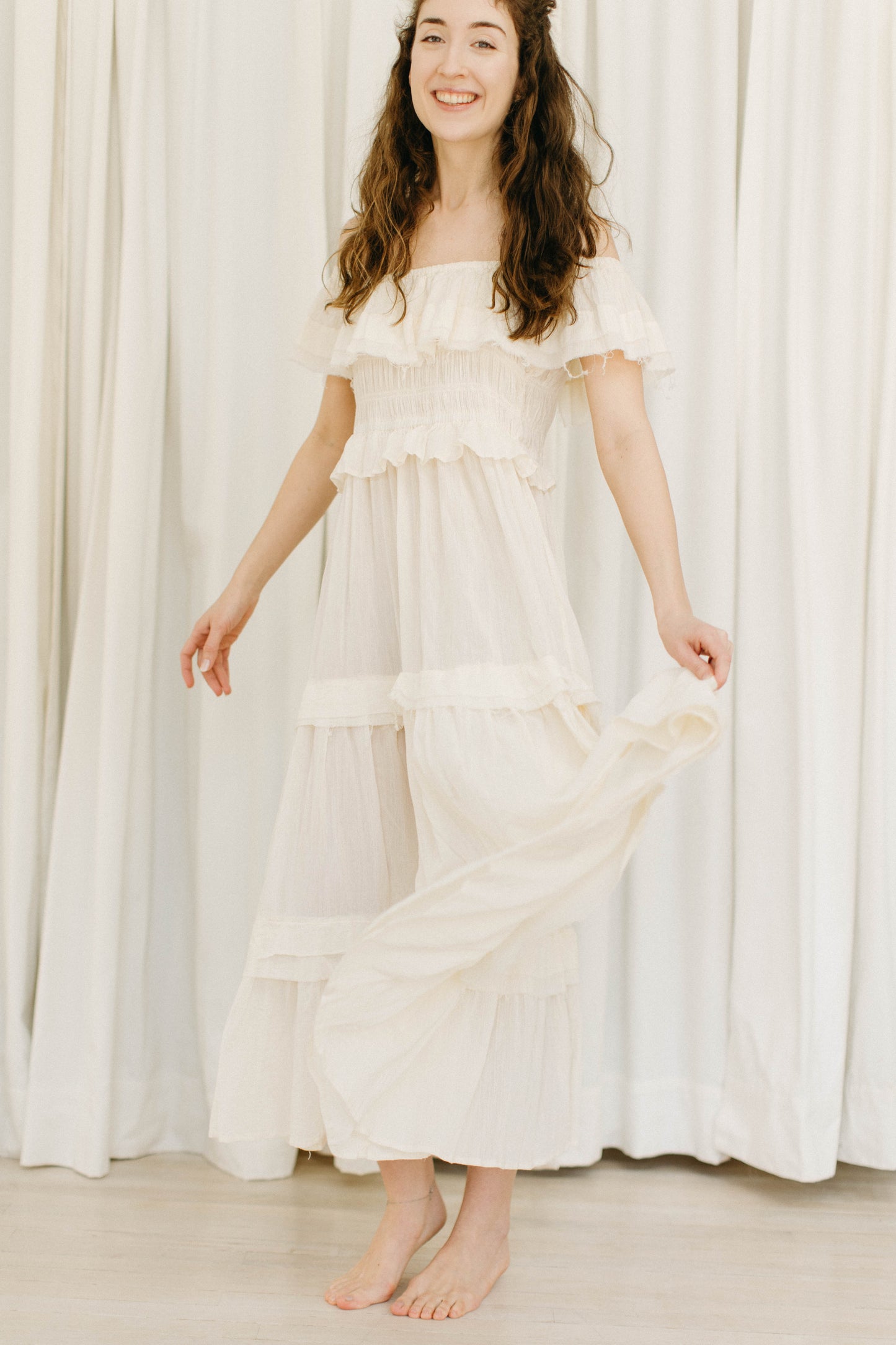 Cream off the shoulder ruffle dress