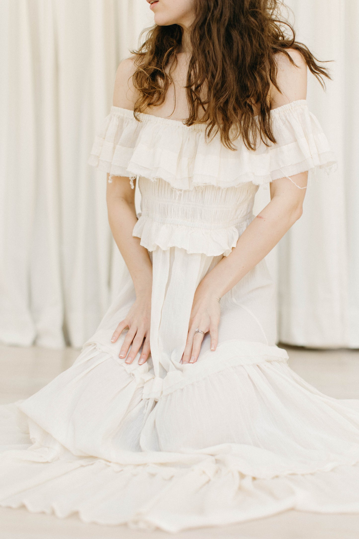 Cream off the shoulder ruffle dress