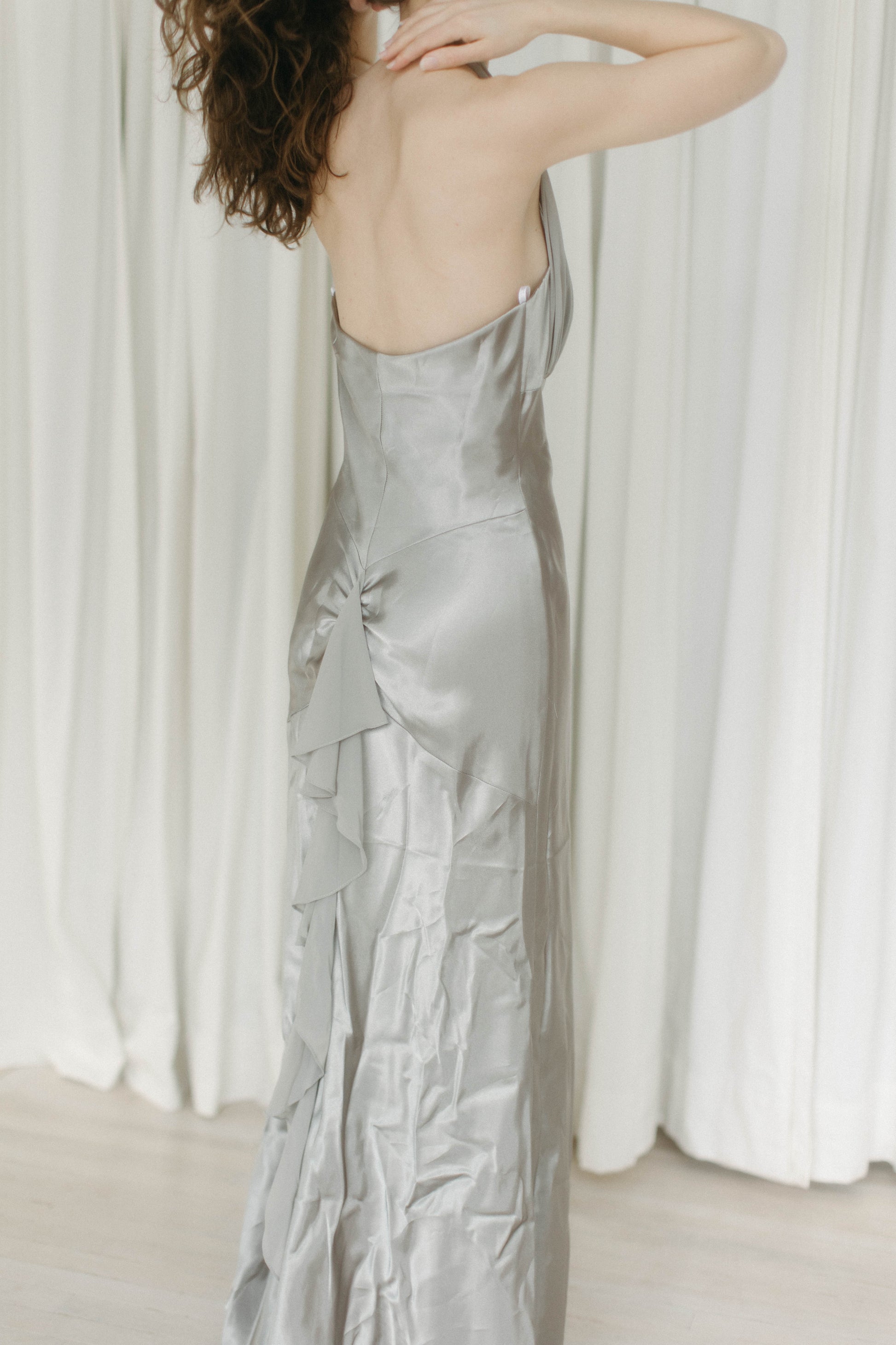 silver vintage dress Vintage 90s Silver Slip Dress: Metallic Crinkle Cyber Raver Midi